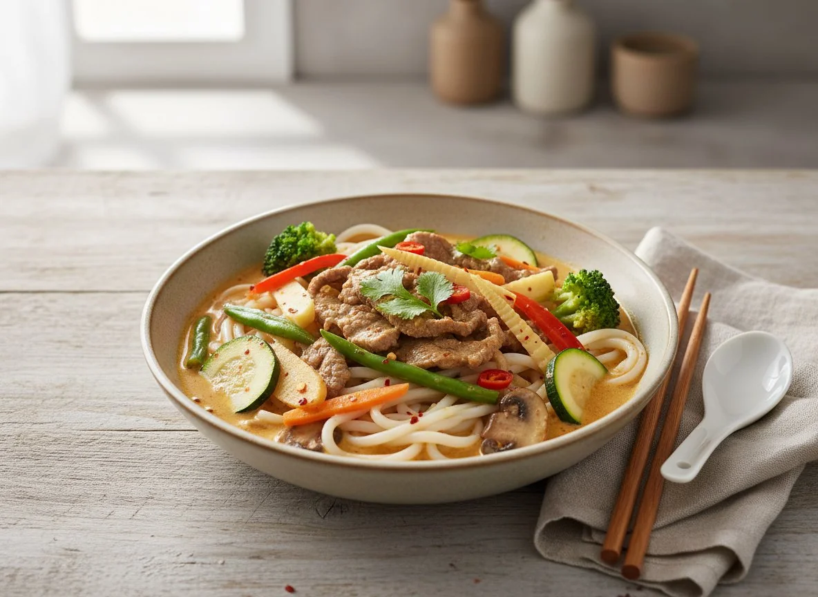 Thai Curry mit Fleisch und Reisnudeln photo