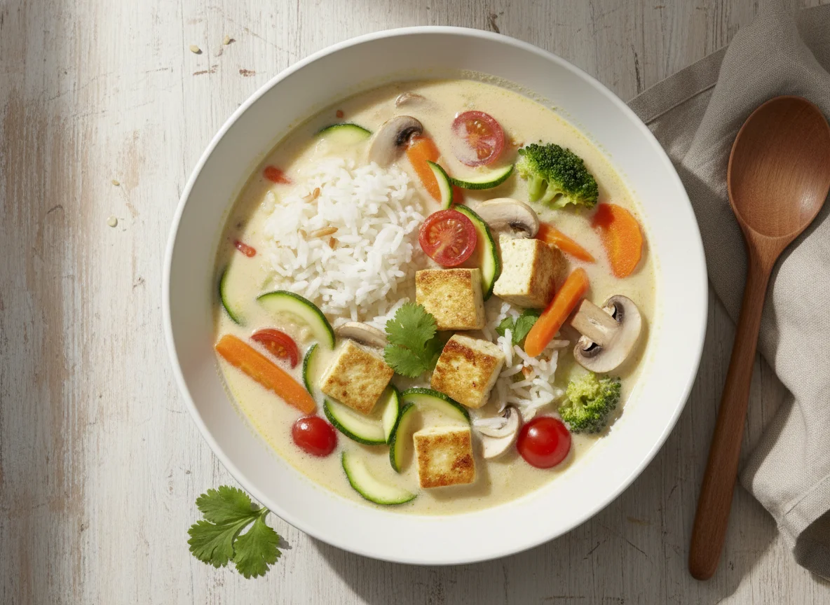 Thailändische Kokosmilchsuppe mit Tofu und Reis photo
