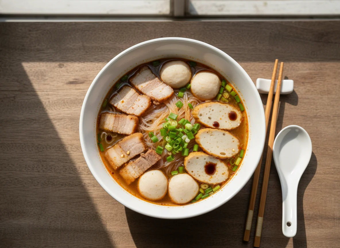 Thailändische Nudelsuppe mit Fischbällchen und Schweinefleisch photo