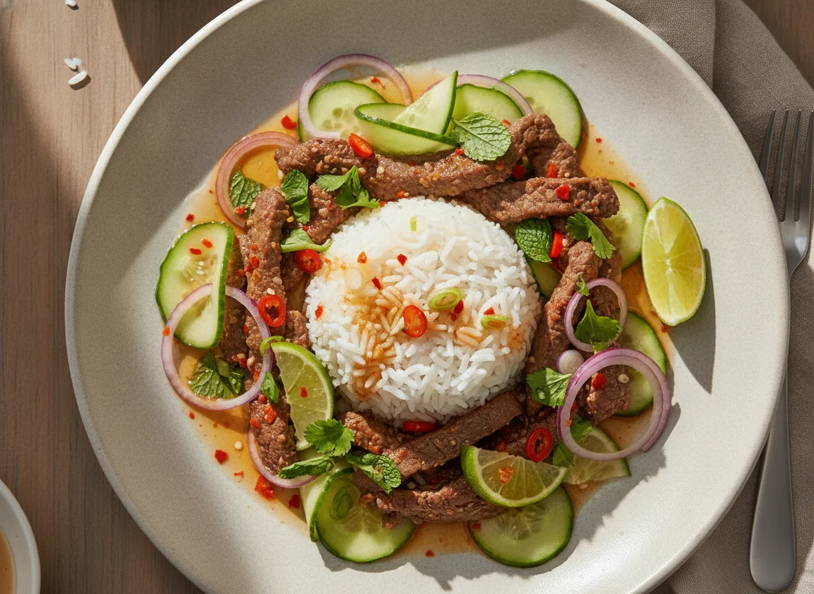 Thailändischer Rindfleischsalat mit Reis photo