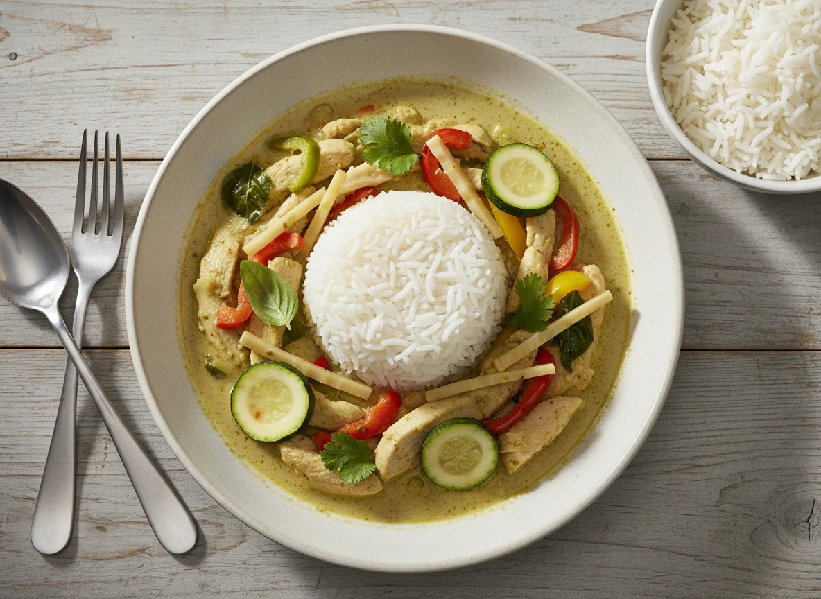 Thailändisches Grünes Curry mit Huhn und Reis photo