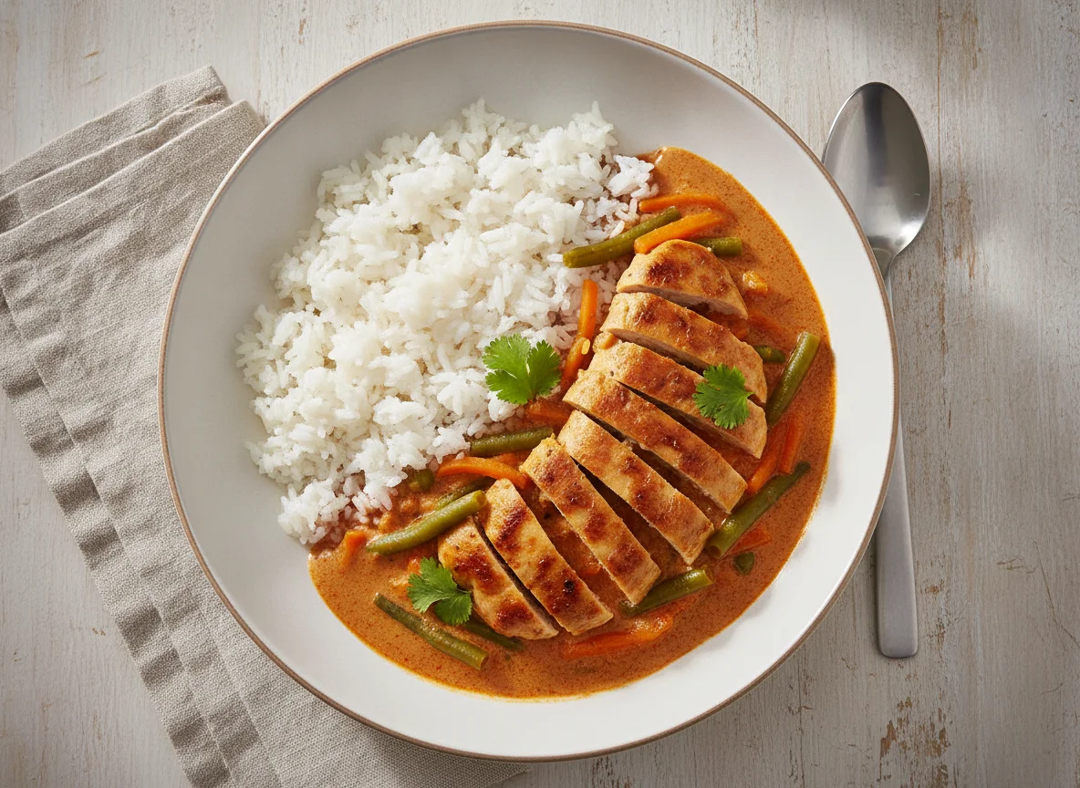 Thailändisches Rotes Curry mit Hähnchen und Reis photo