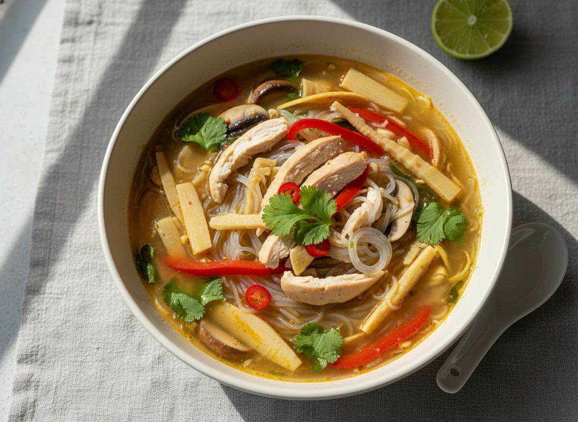 Thaisuppe mit Hühnerfleisch und Glasnudeln photo