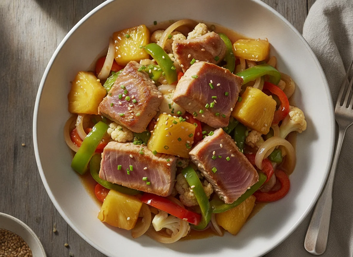 Thunfisch mit Ananas und Gemüse in süß-saurer Sauce photo