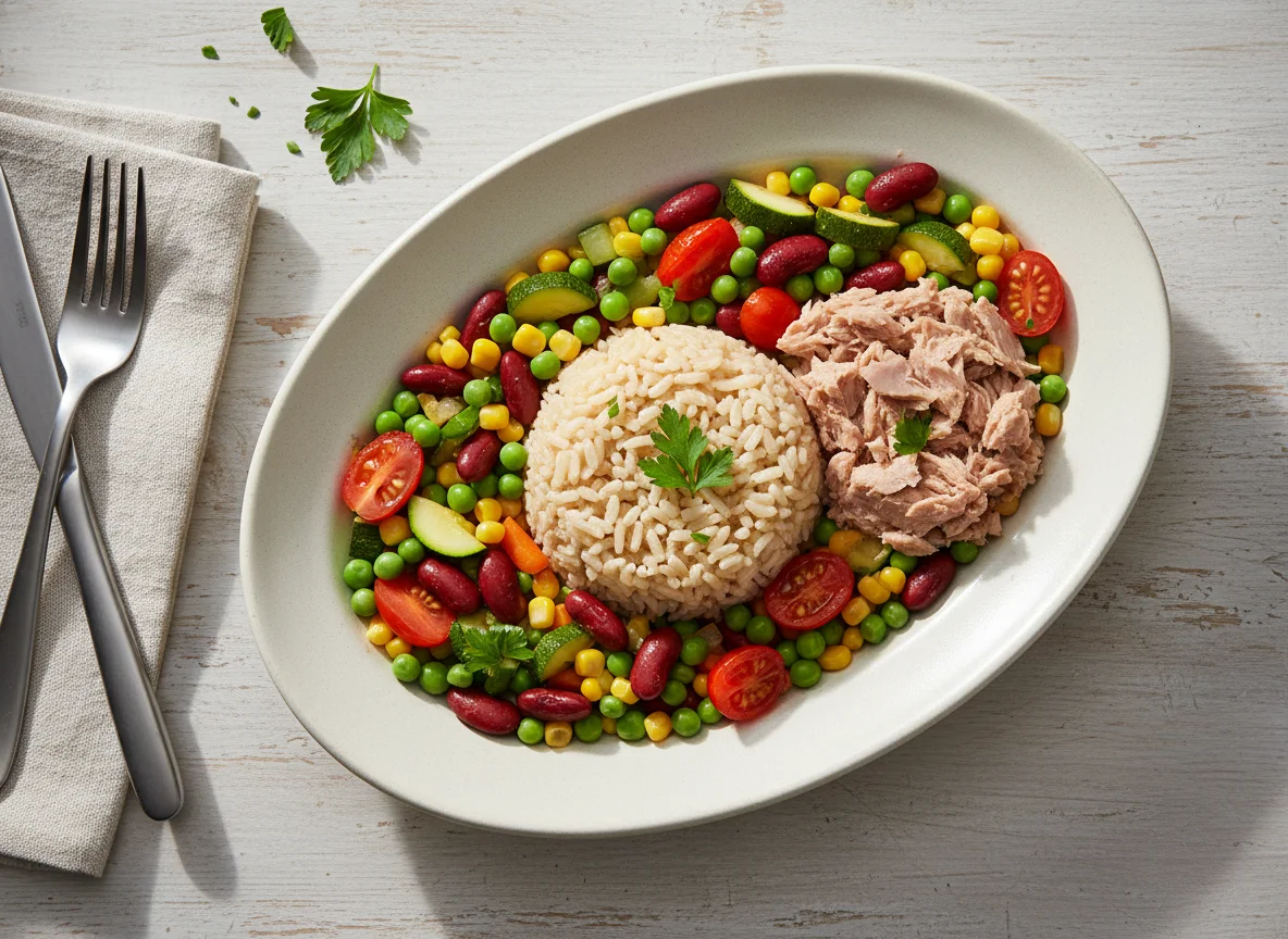 Thunfisch mit Reis und Gemüsepfanne photo
