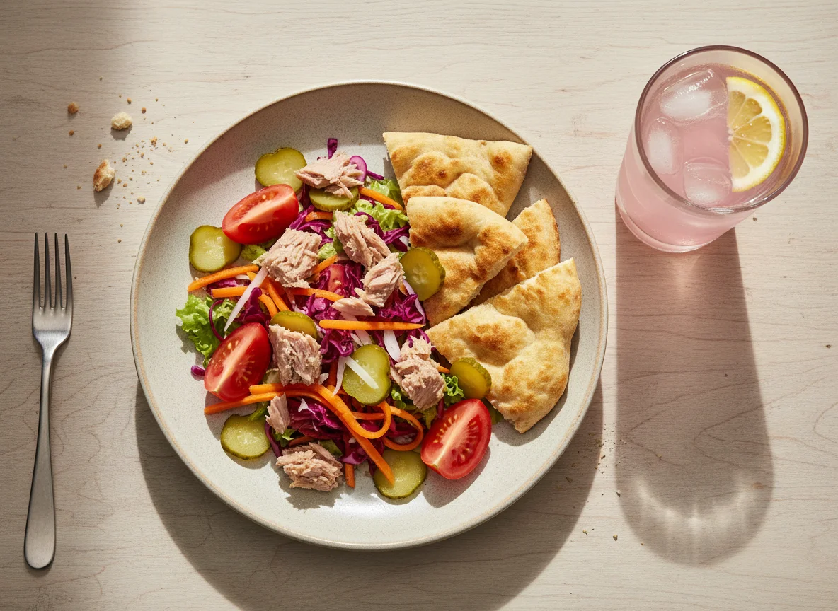 Thunfisch mit Salat, Brot und Limonade photo
