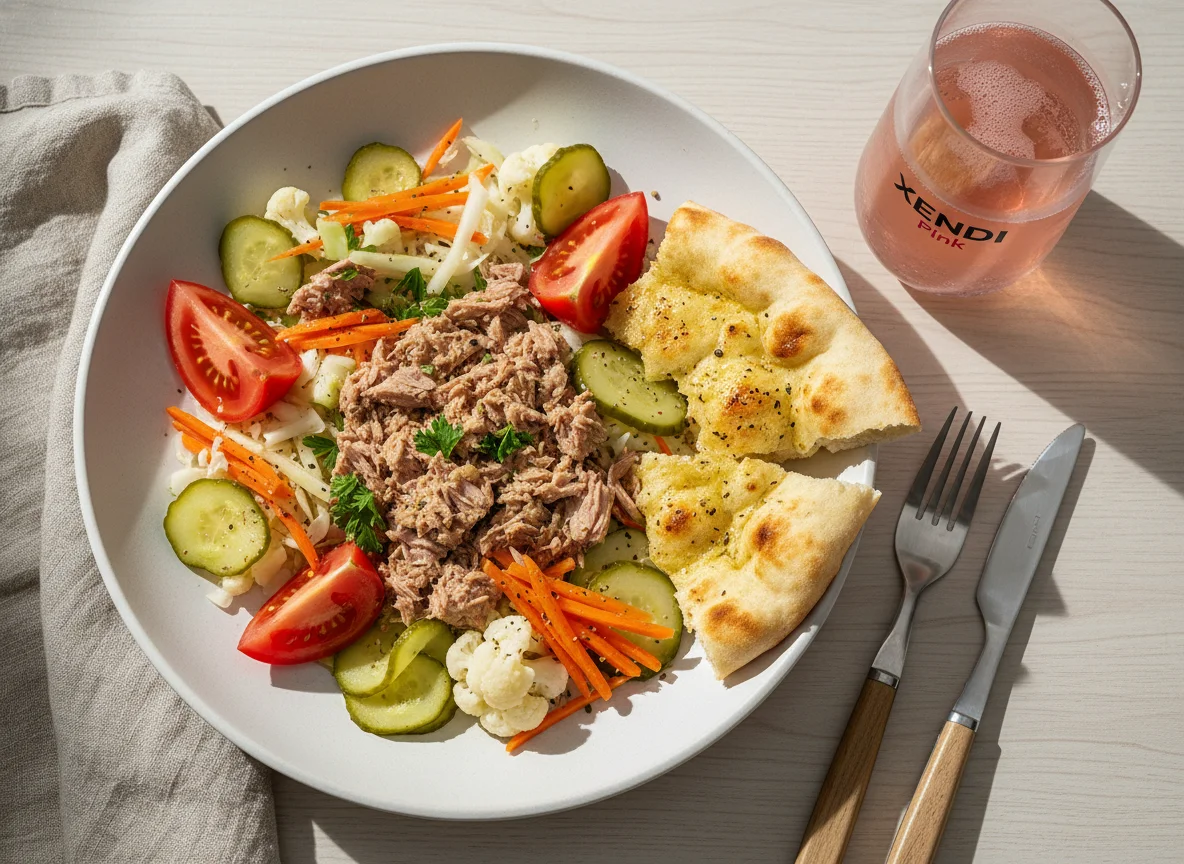 Thunfisch mit Salat und Fladenbrot photo