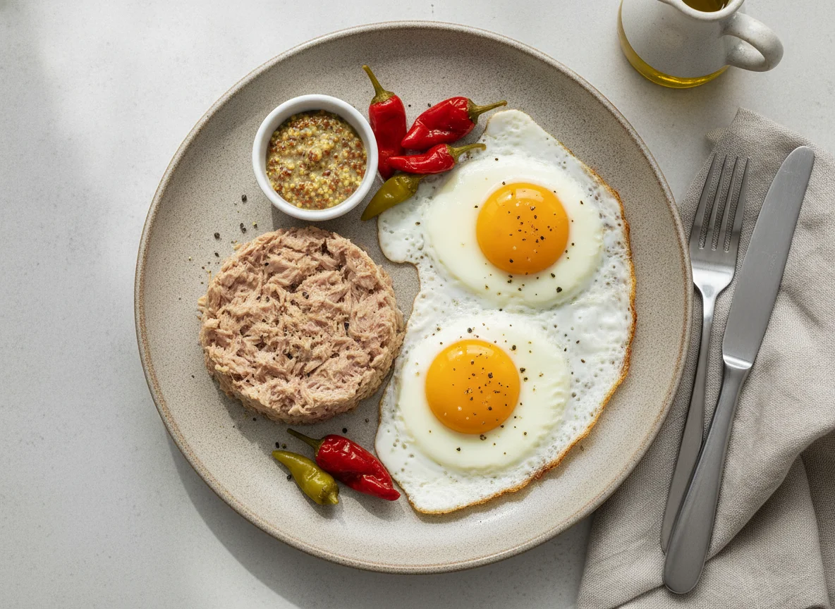 Thunfisch mit Spiegeleiern und Peperoncini photo