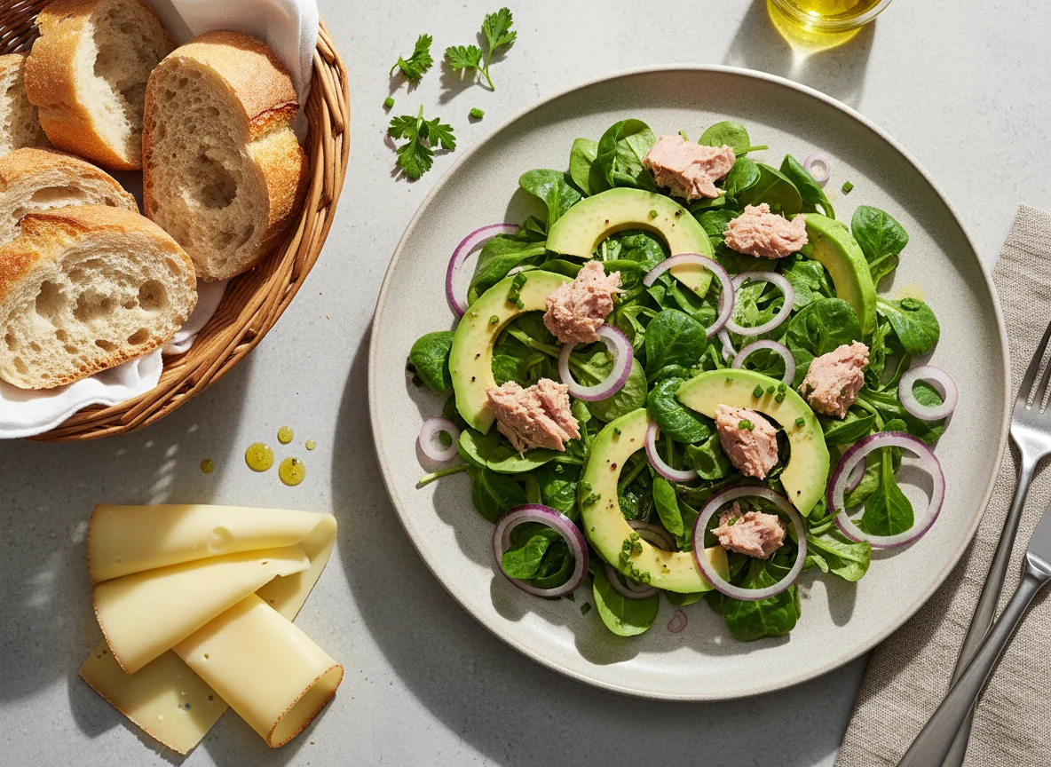 Thunfisch-Avocado-Salat mit Brot und Käse photo