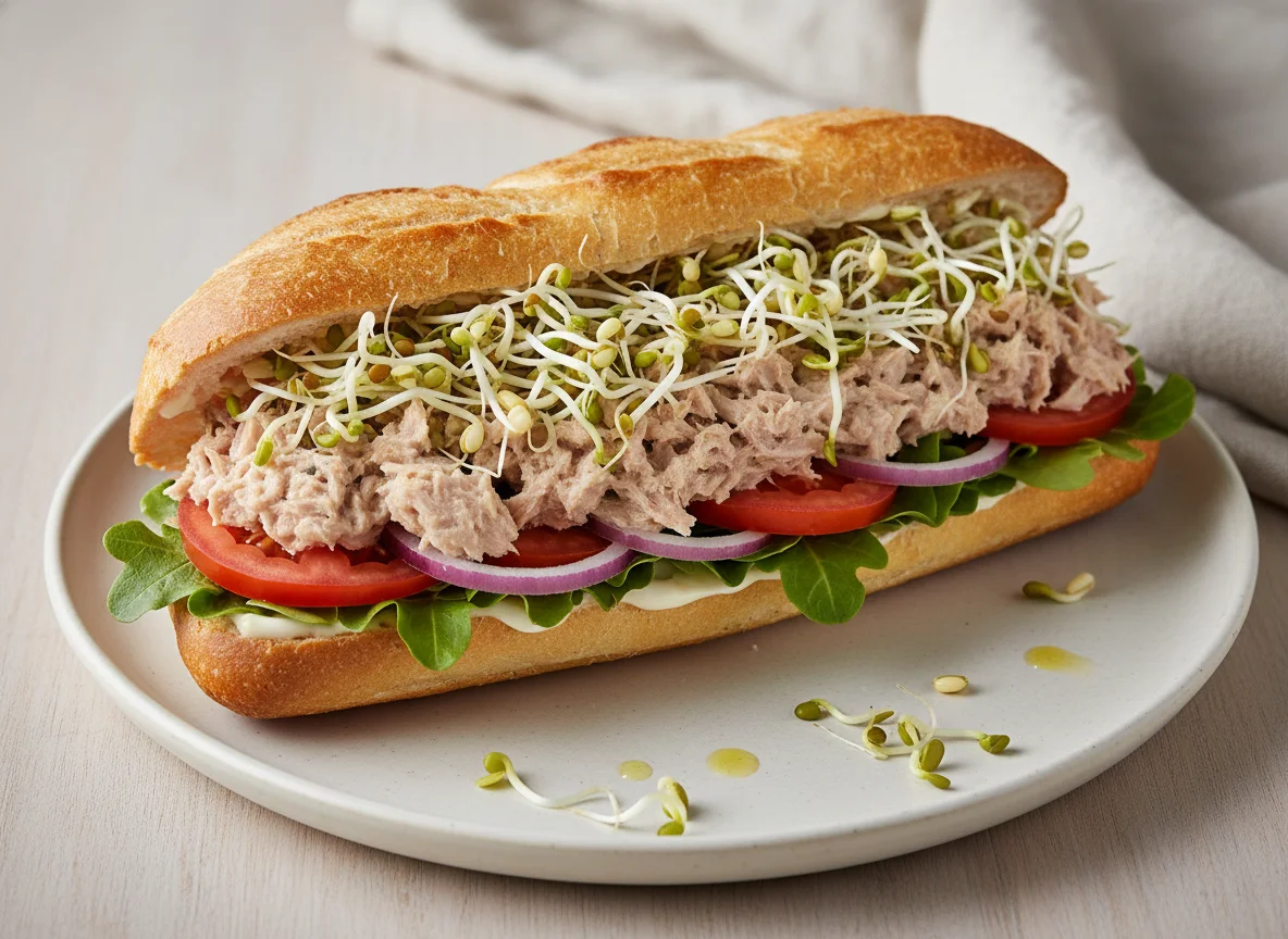 Thunfisch-Baguette mit Sprossen und Gemüse photo