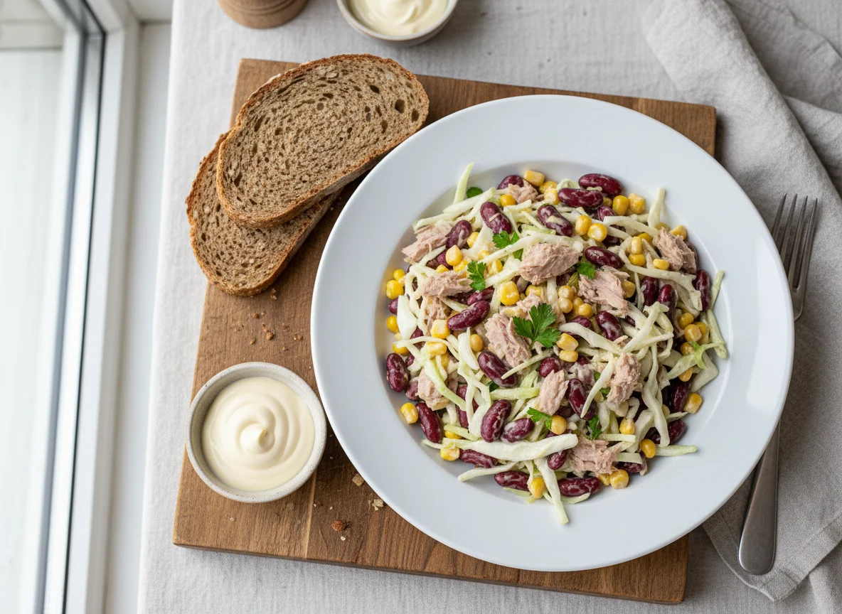 Thunfisch-Bohnen-Salat mit Kraut und Brot photo