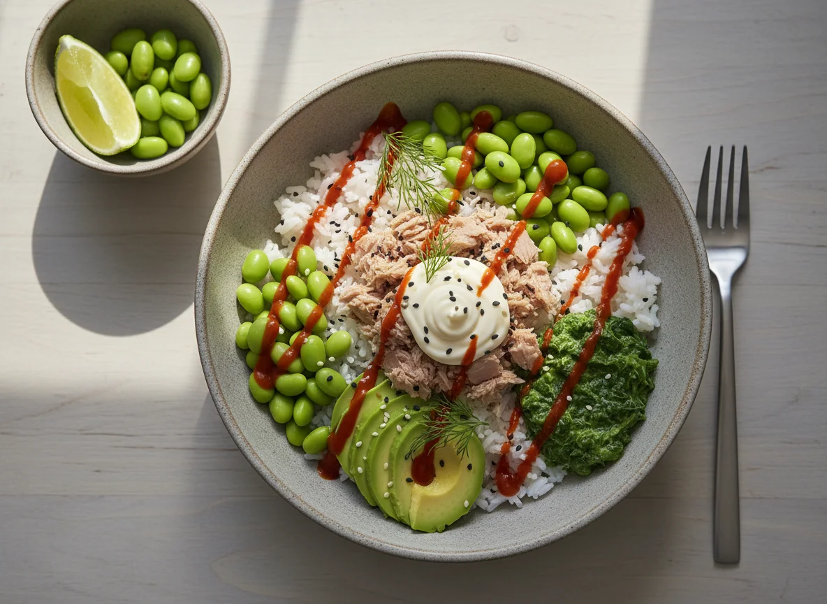 Thunfisch-Bowl mit Edamame und Rahmspinat photo