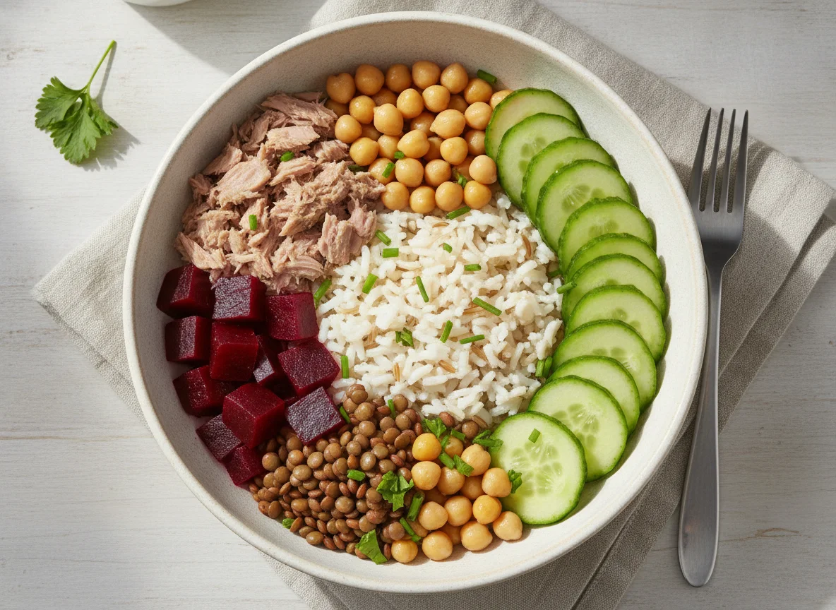 Thunfisch-Bowl mit Reis und Gemüse photo
