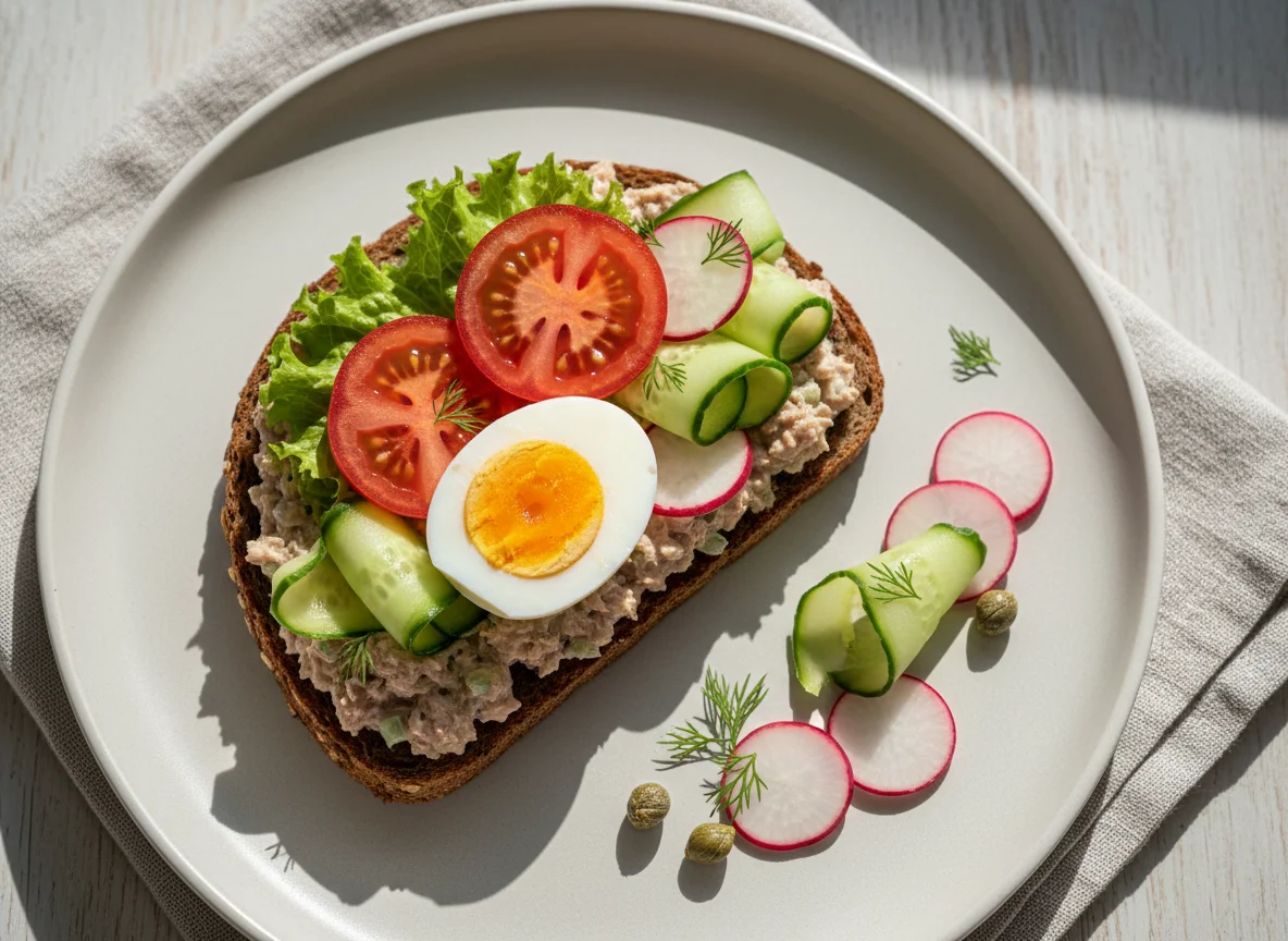 Thunfischbrot mit Ei und Gemüse photo