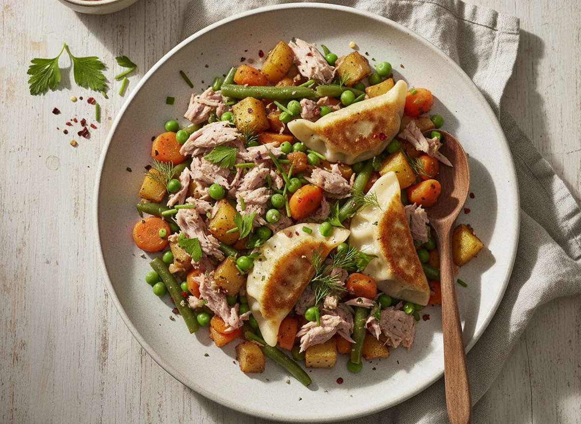Thunfisch-Gemüse-Pfanne mit Gyoza photo