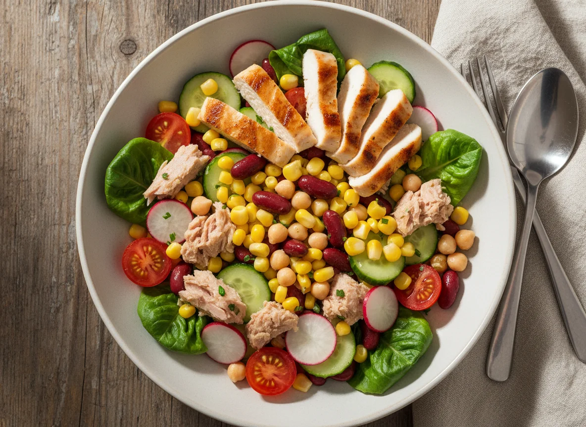 Thunfisch-Mais-Salat mit Kichererbsen und Bohnen photo