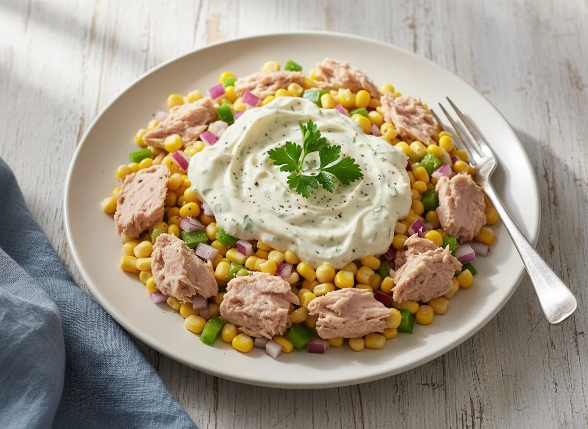 Thunfisch-Mais-Salat mit Sauce photo