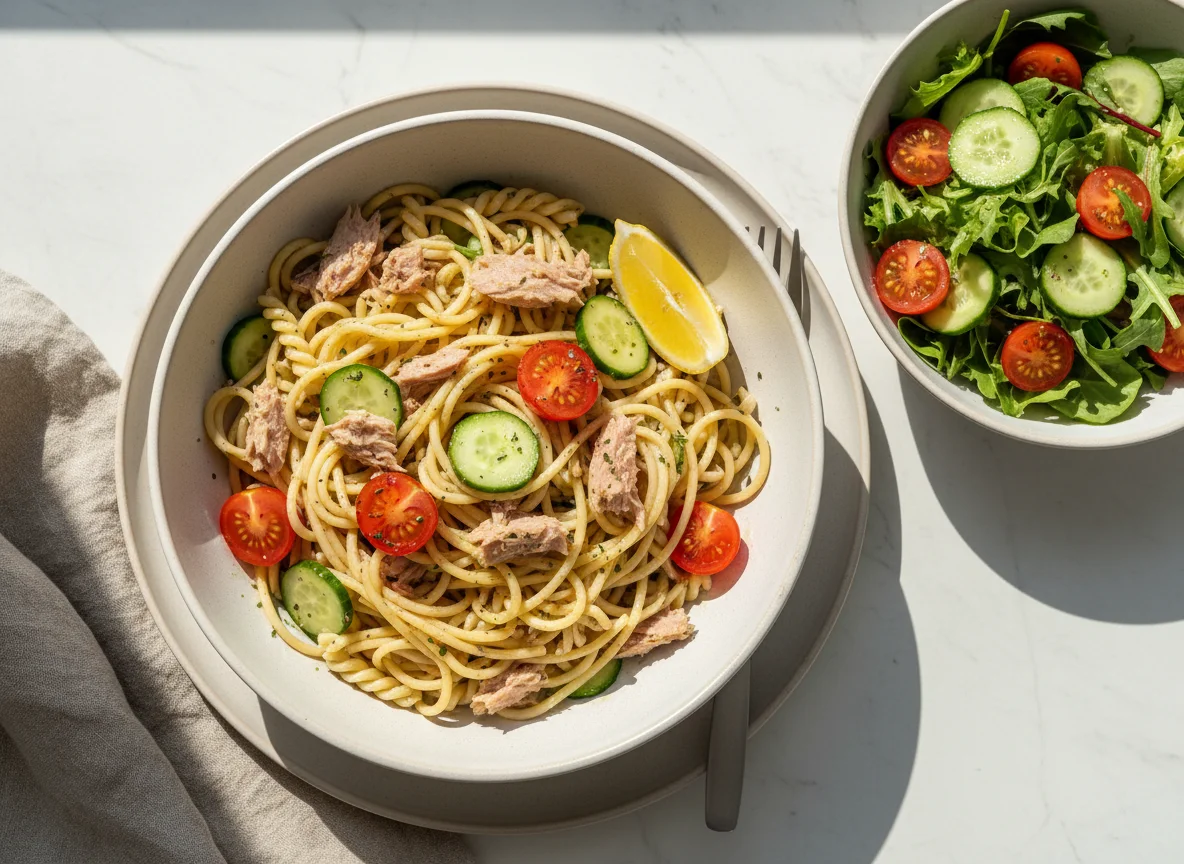 Thunfisch-Nudelsalat mit Beilagensalat photo