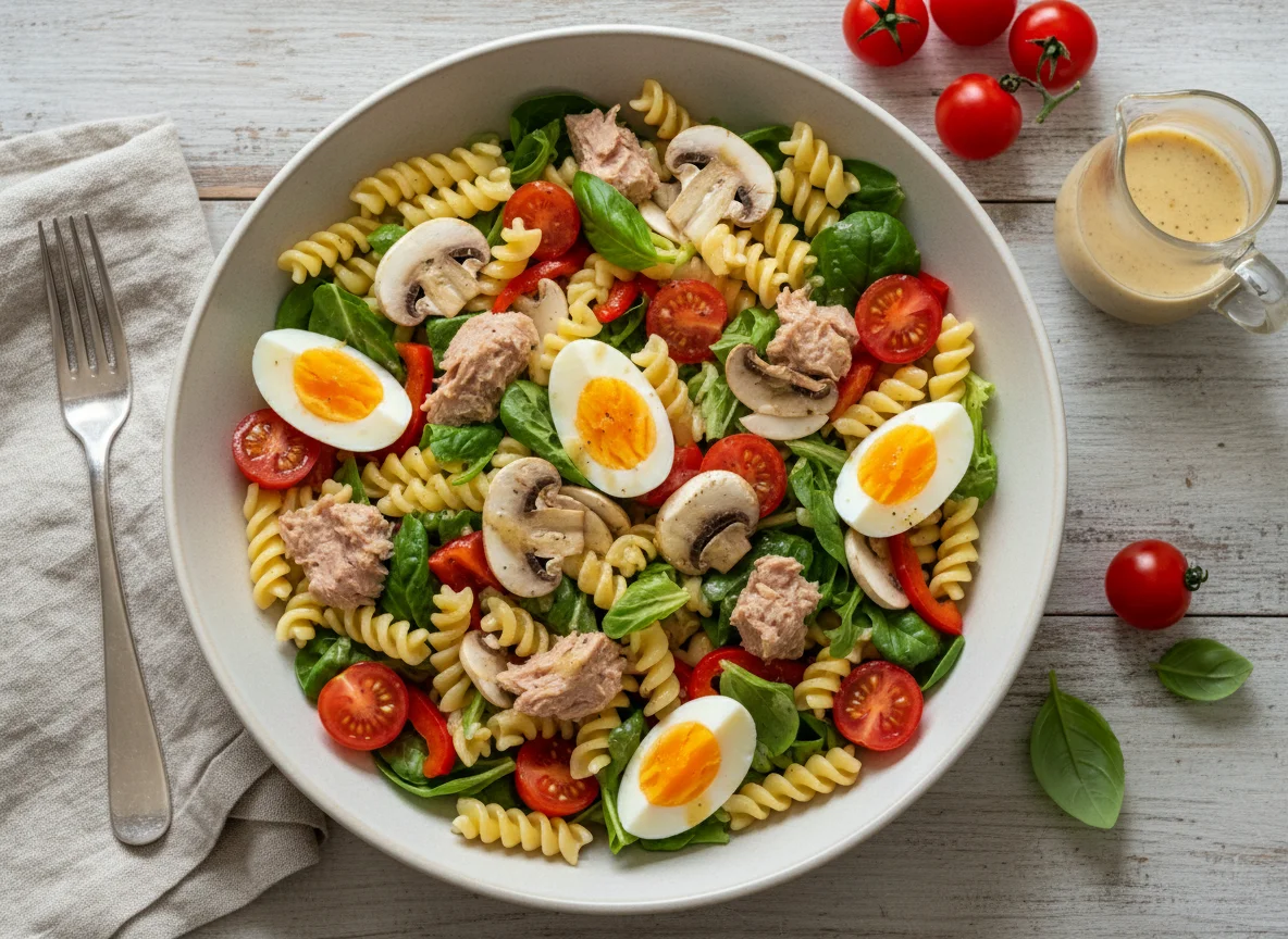 Thunfisch-Nudelsalat mit Blattsalat photo