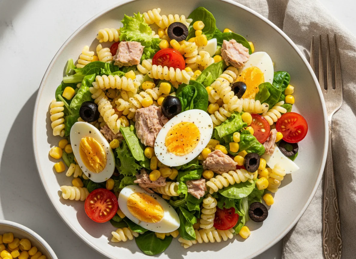 Thunfisch-Nudelsalat mit gemischtem Salat photo