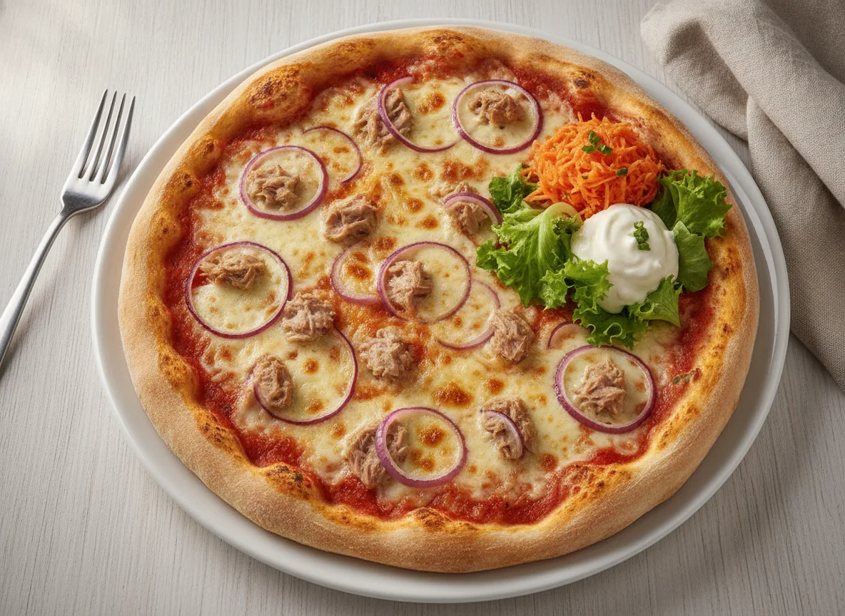 Thunfischpizza mit Beilagensalat photo
