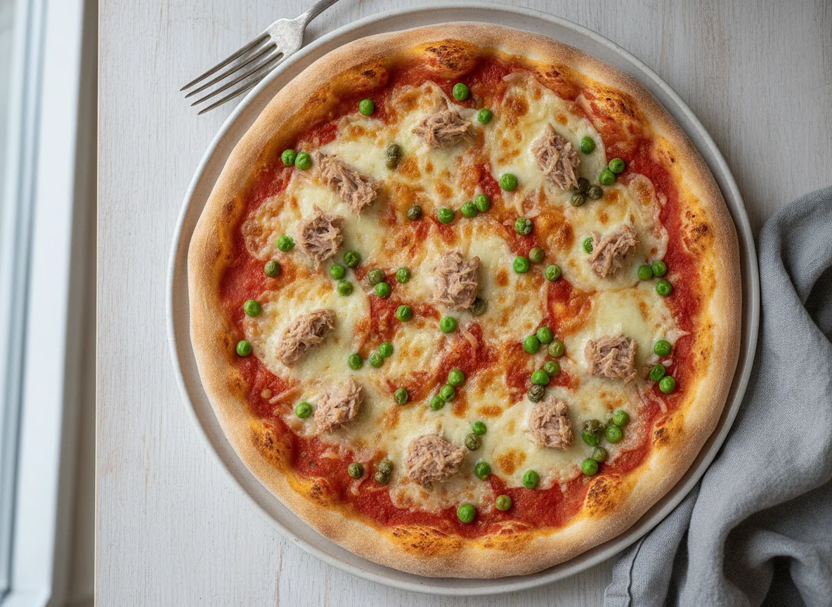 Thunfischpizza mit Erbsen und Kapern photo