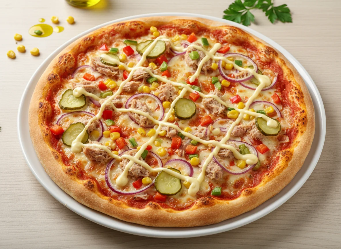 Thunfisch-Pizza mit Gemüse und Sauce Hollandaise photo