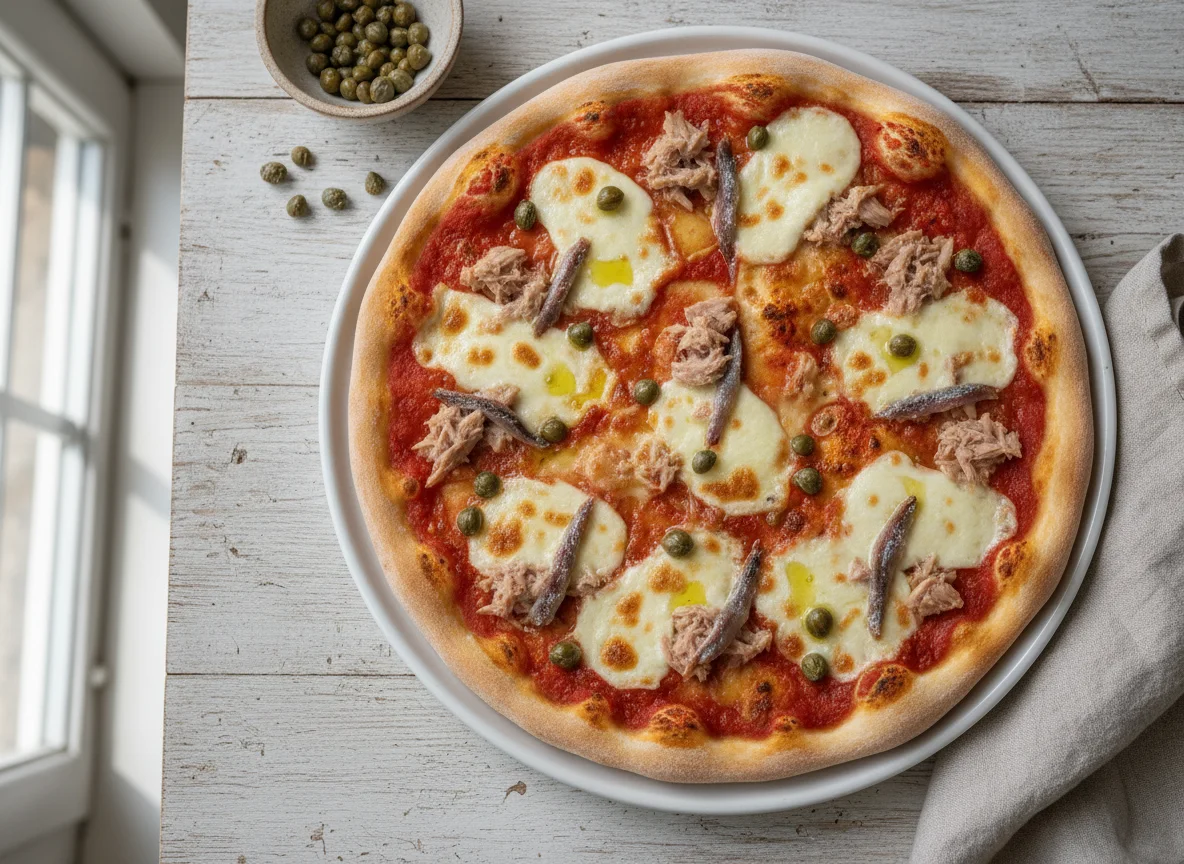 Thunfischpizza mit Kapern und Sardellen photo