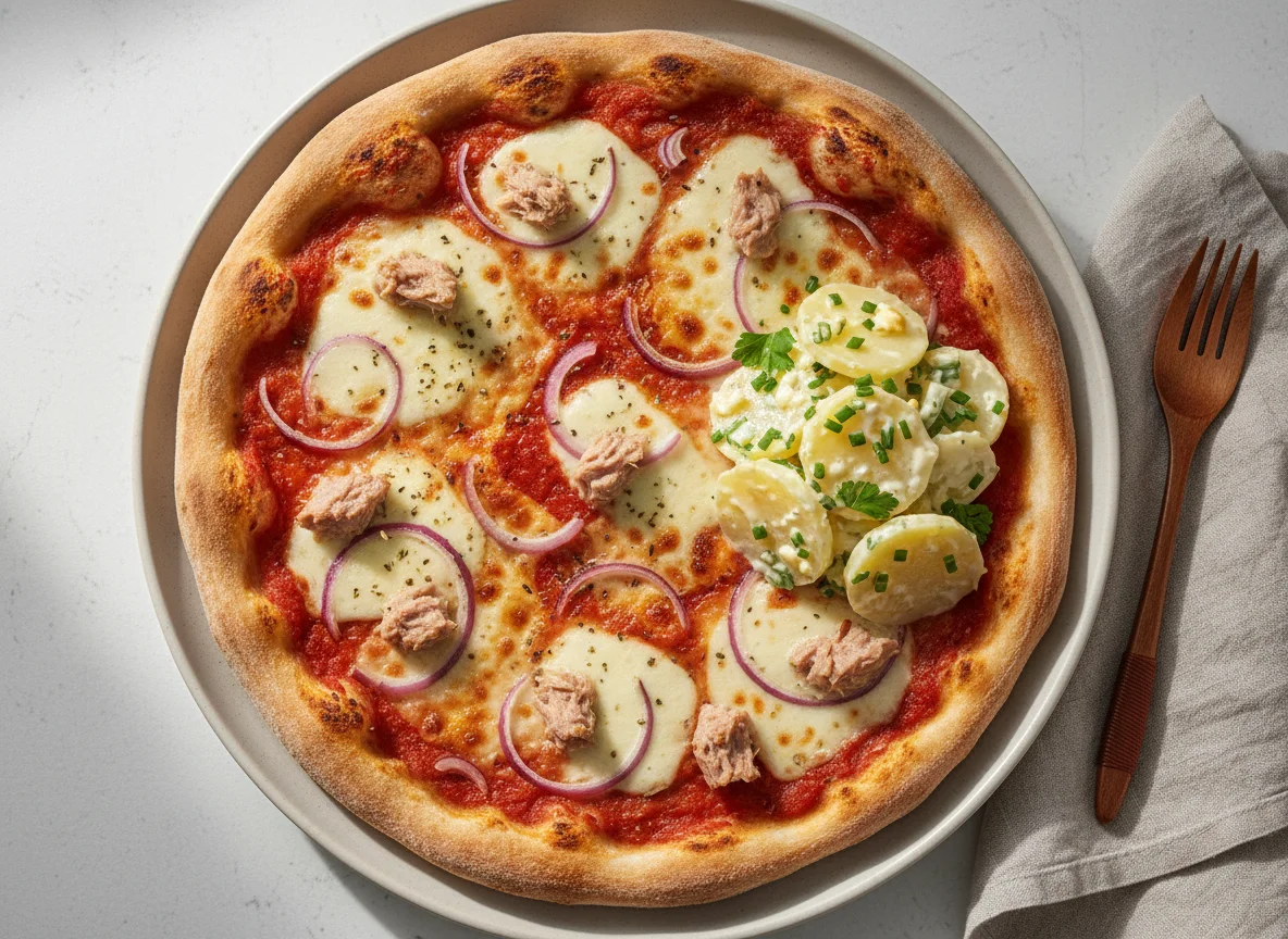 Thunfischpizza mit Kartoffelsalat photo