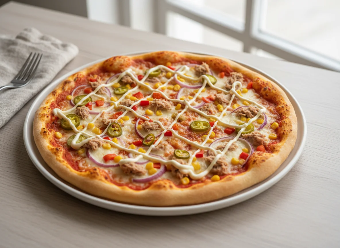 Thunfisch-Pizza mit Mais und Zwiebeln photo