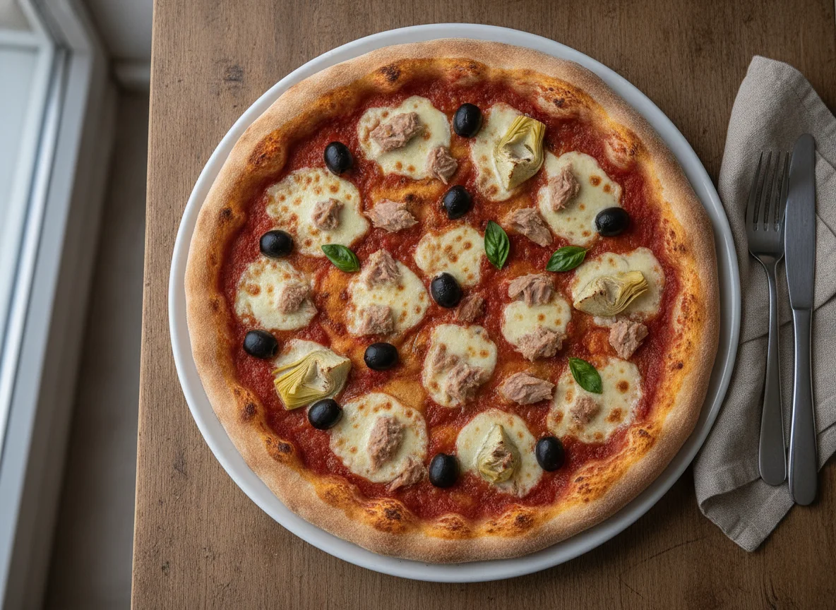 Thunfischpizza mit Oliven photo
