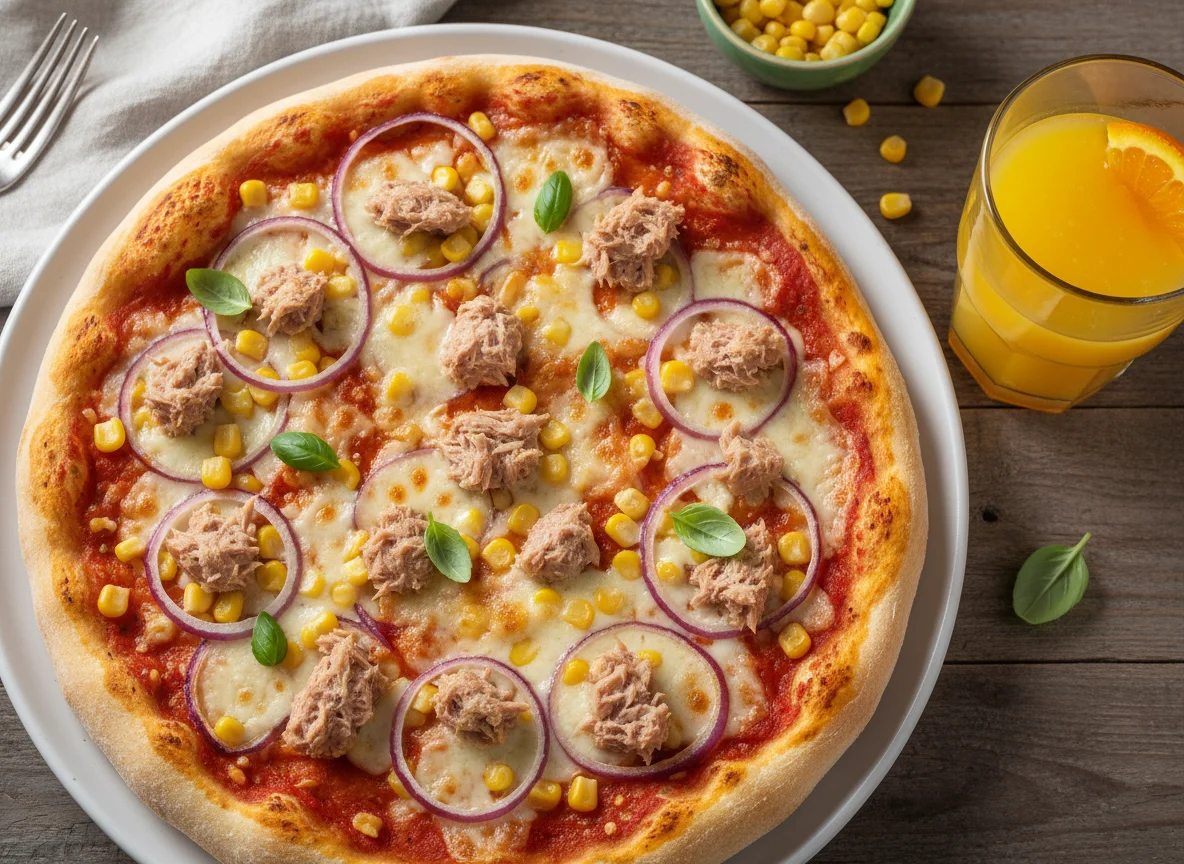Thunfisch-Pizza mit Orangensaft photo