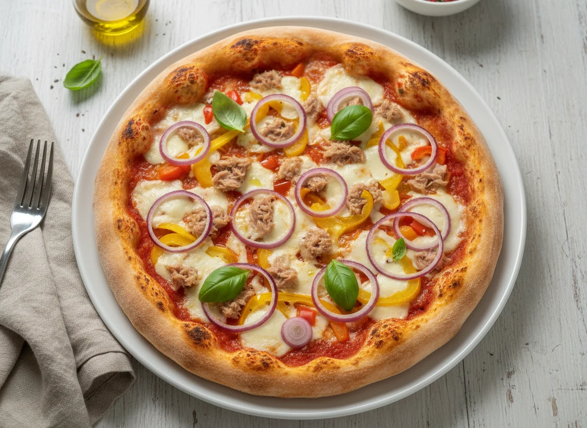 Thunfischpizza mit Paprika und Zwiebeln photo