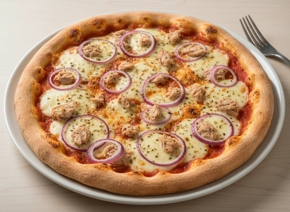 Thunfisch-Pizza mit roten Zwiebeln photo