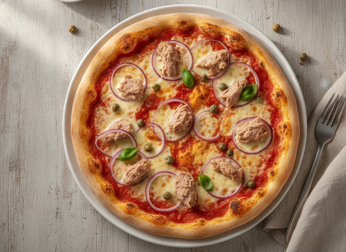 Thunfischpizza mit roten Zwiebeln und Kapern photo