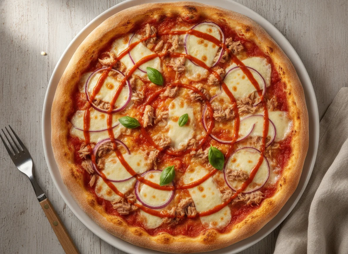 Thunfisch-Pizza mit roten Zwiebeln und Sauce photo