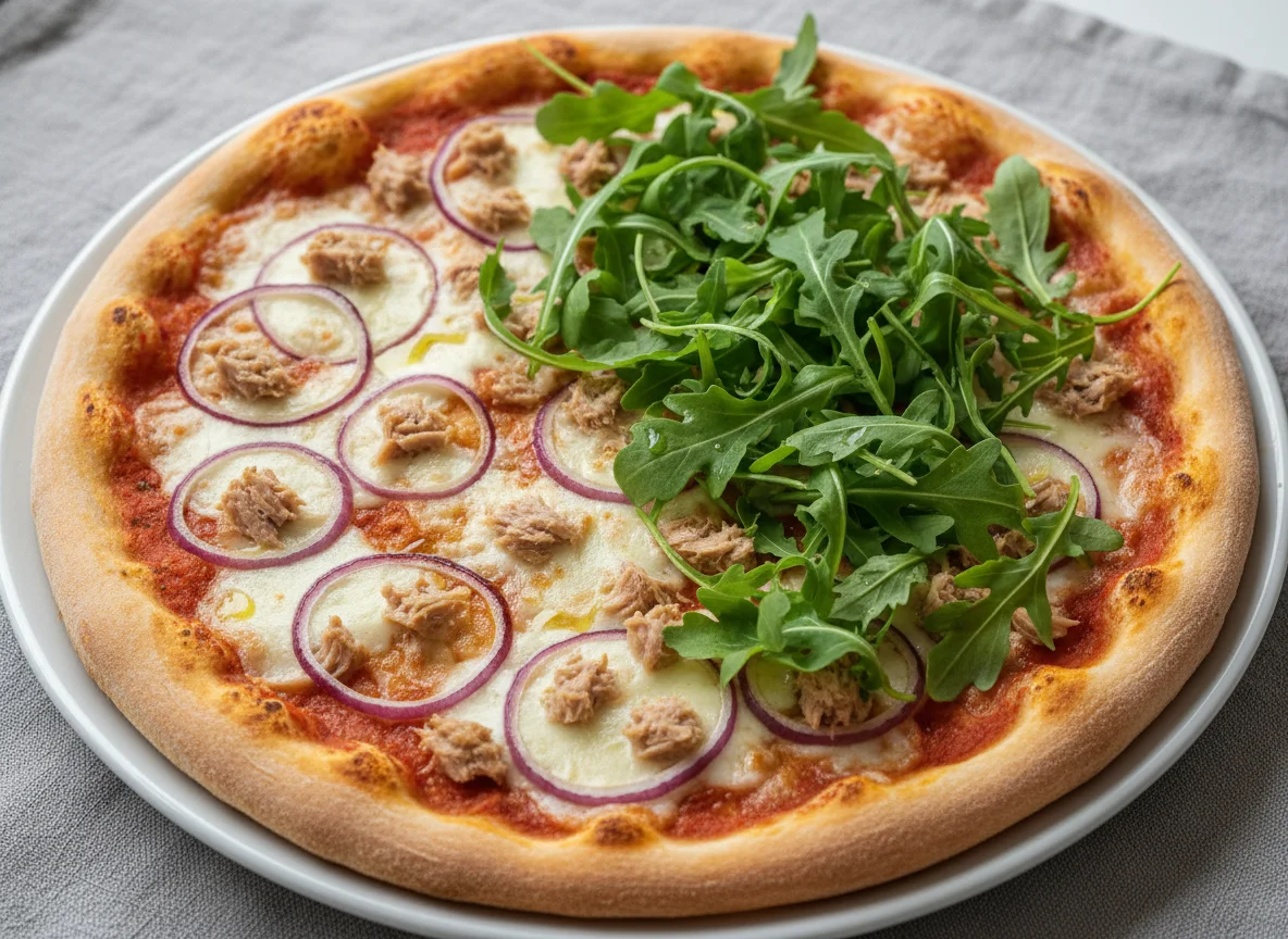 Thunfischpizza mit Rucola und Zwiebeln photo