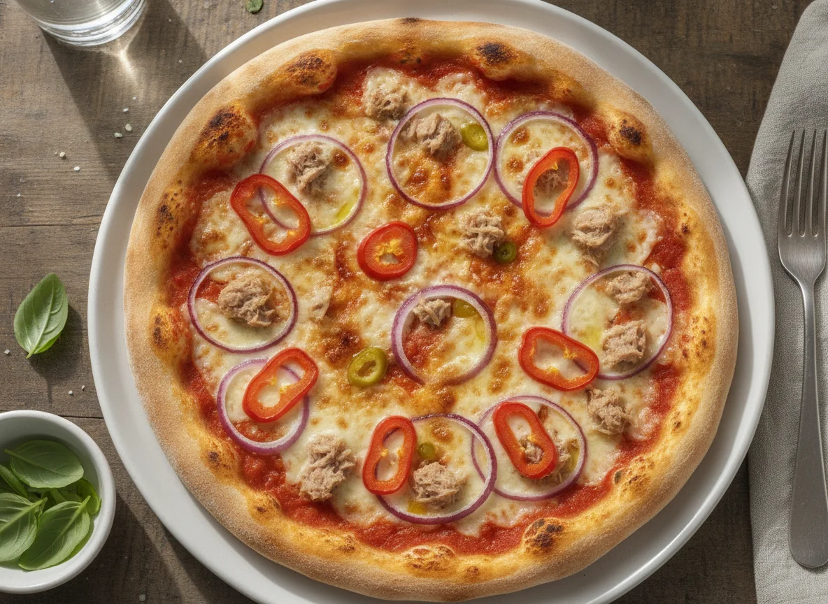 Thunfischpizza mit Zwiebeln und Peperoni photo
