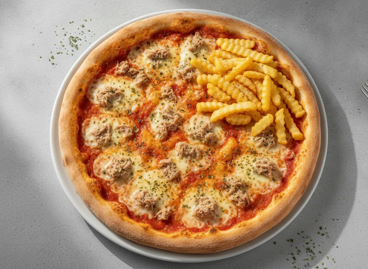 Thunfischpizza und Pommes frites photo