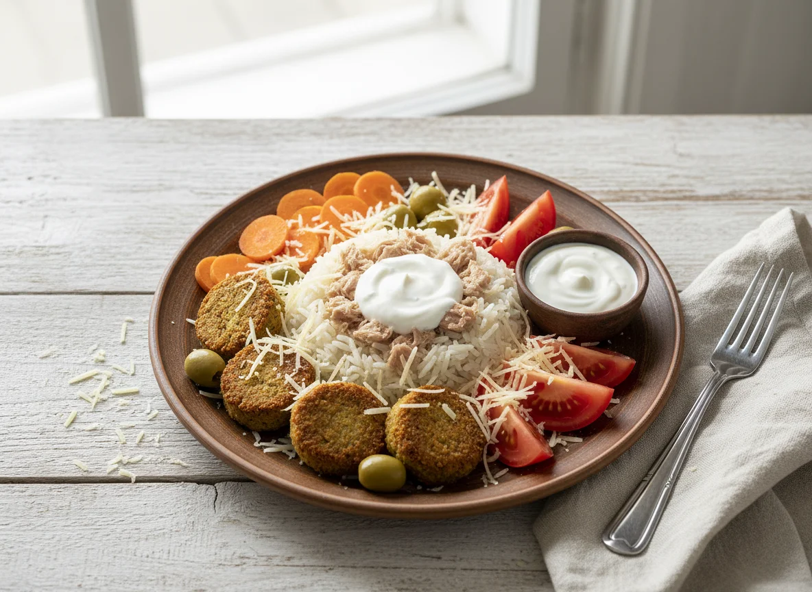 Thunfisch-Reis-Platte mit Falafel und Salat photo