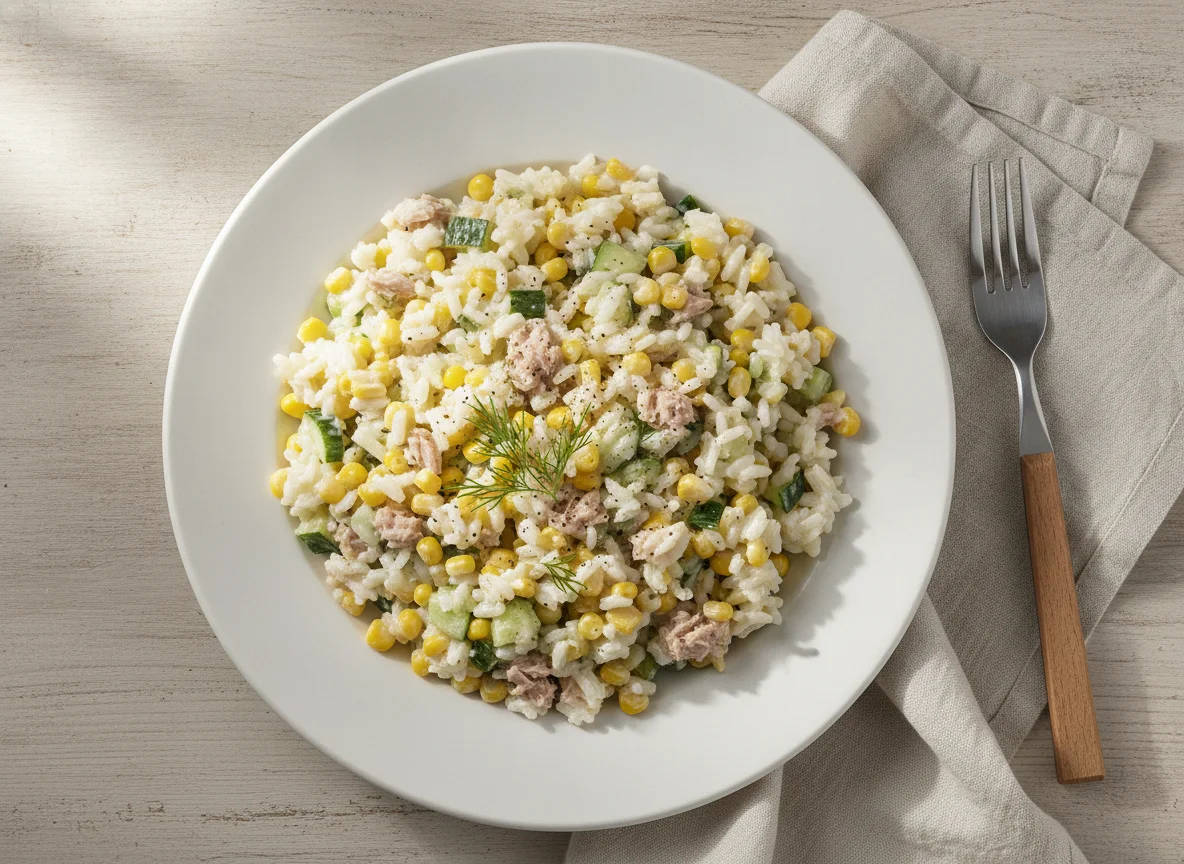 Thunfisch-Reissalat mit Mais und Gurke photo