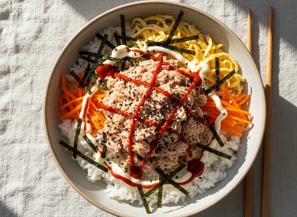 Thunfisch-Reisschale mit Saucen und Sesam photo