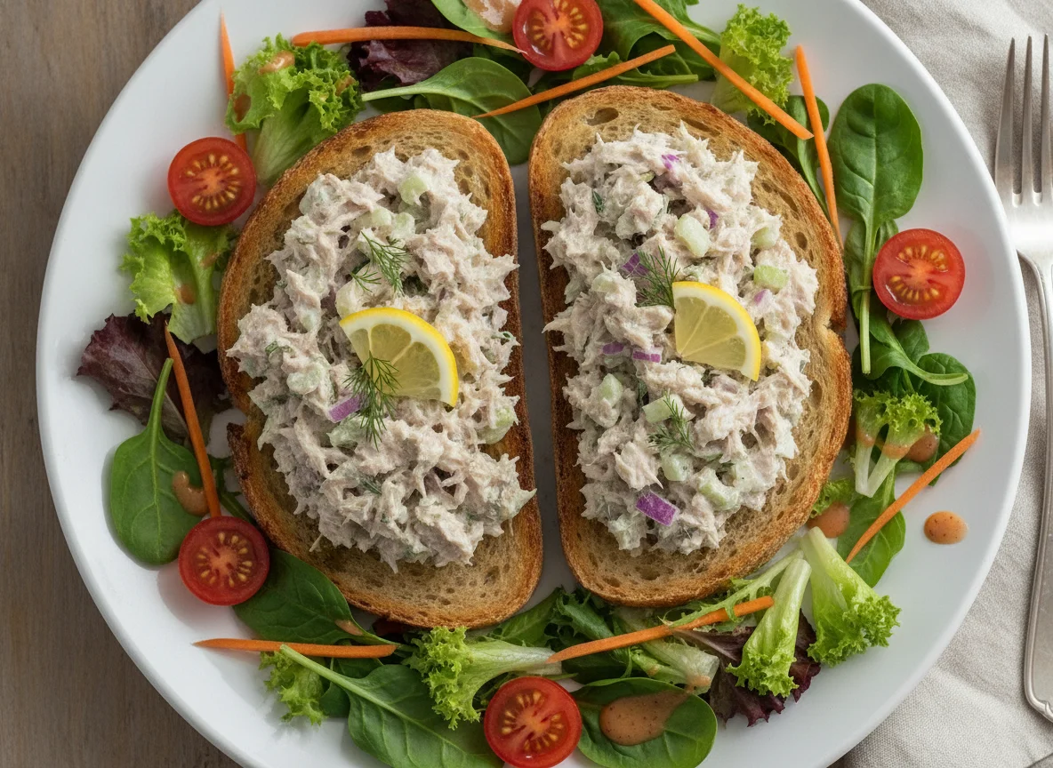 Thunfischsalat auf Toast mit gemischtem Salat photo