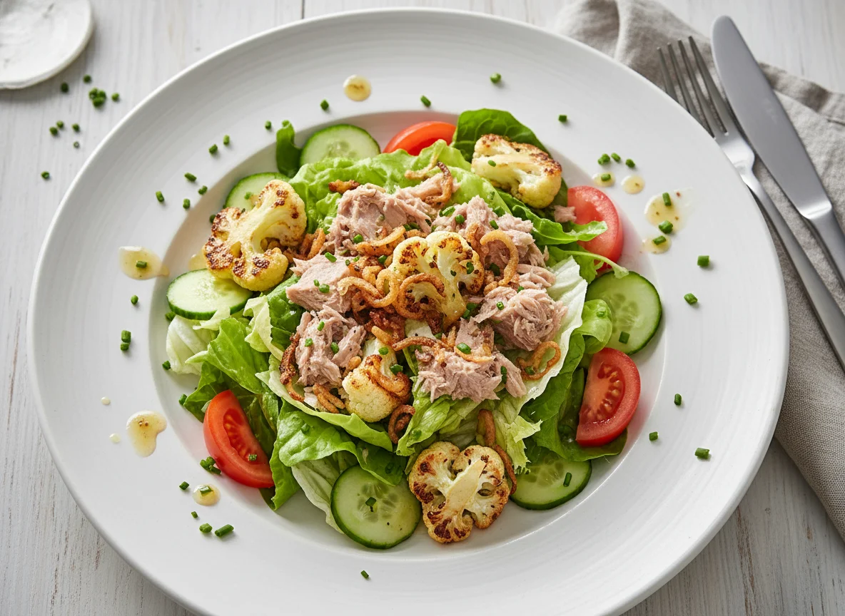 Thunfischsalat mit Blumenkohl und Röstzwiebeln photo