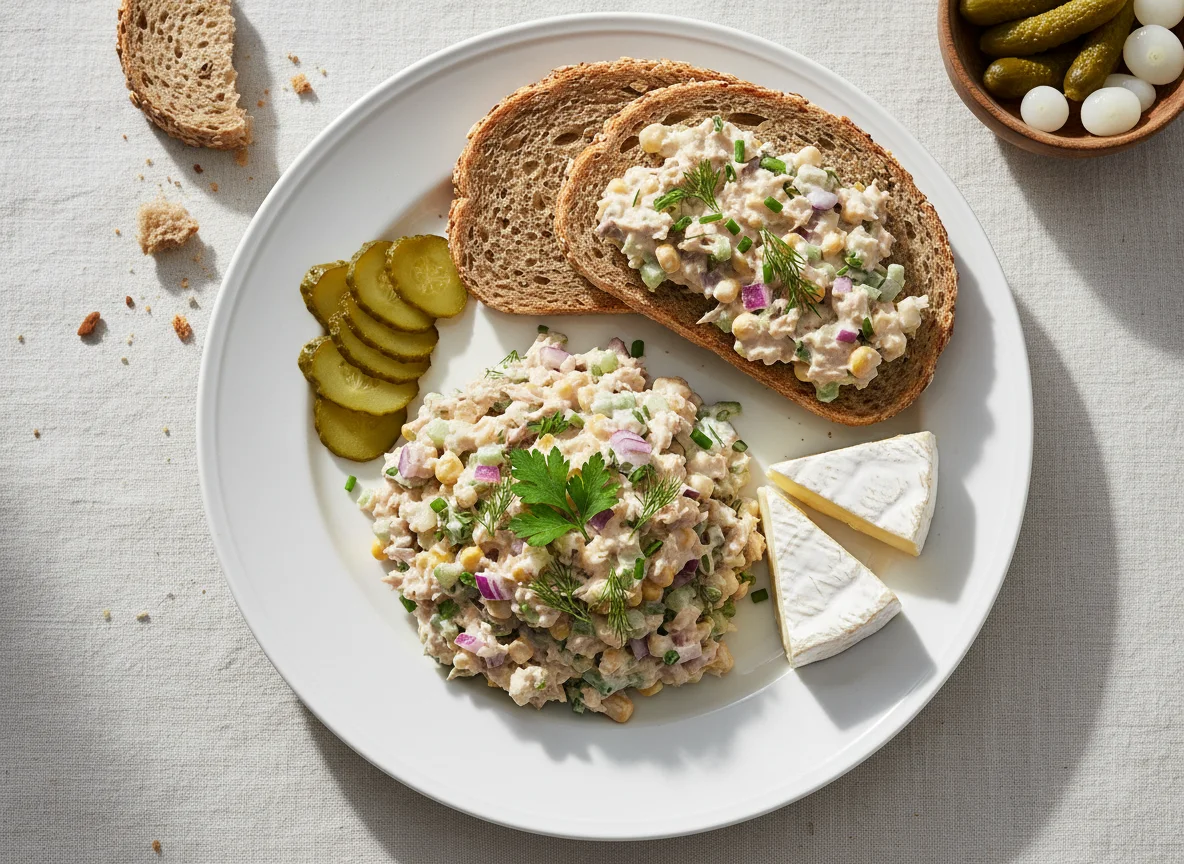 Thunfischsalat mit Brot und Beilagen photo