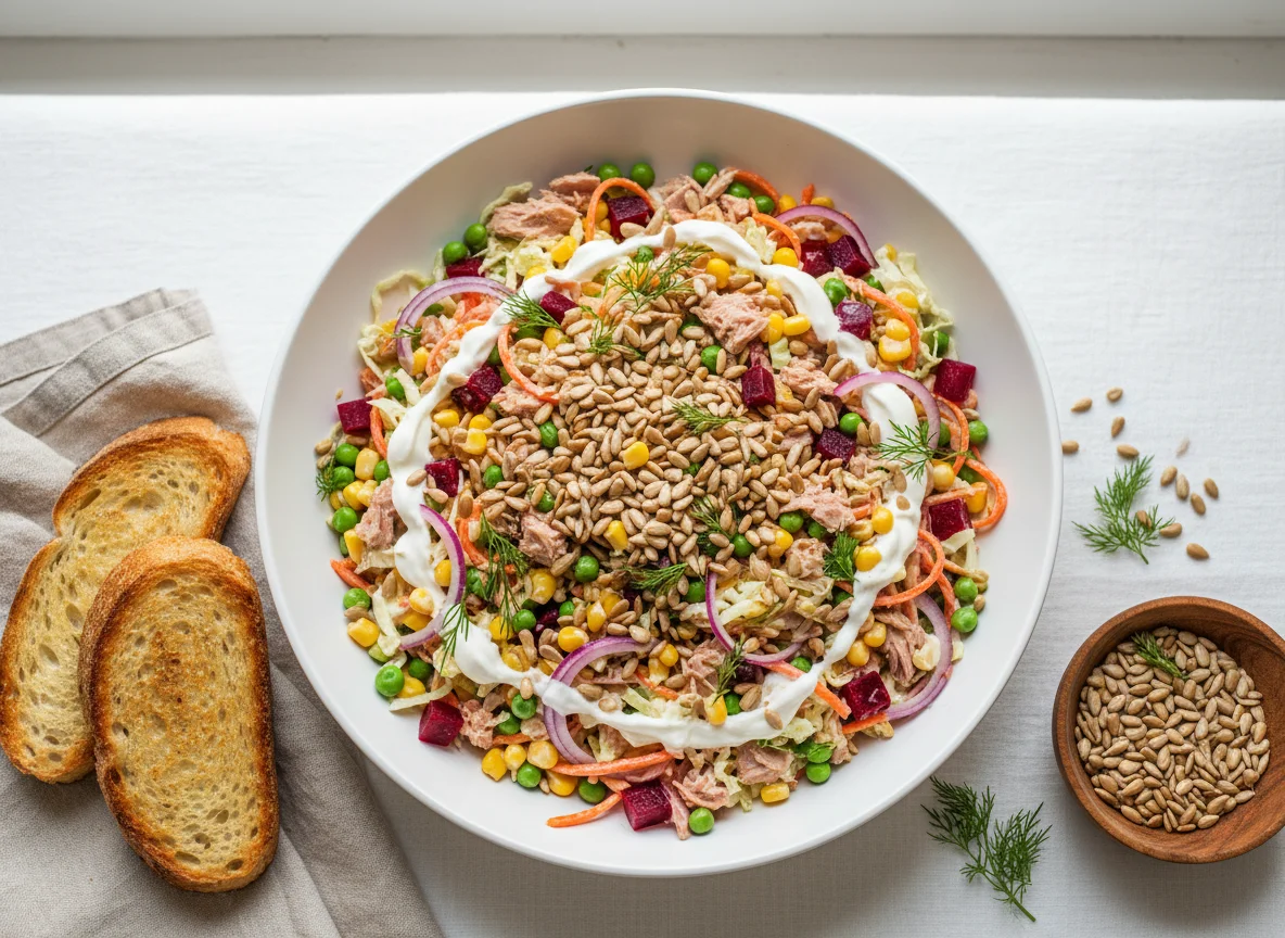 Thunfischsalat mit Brot und Kernen photo