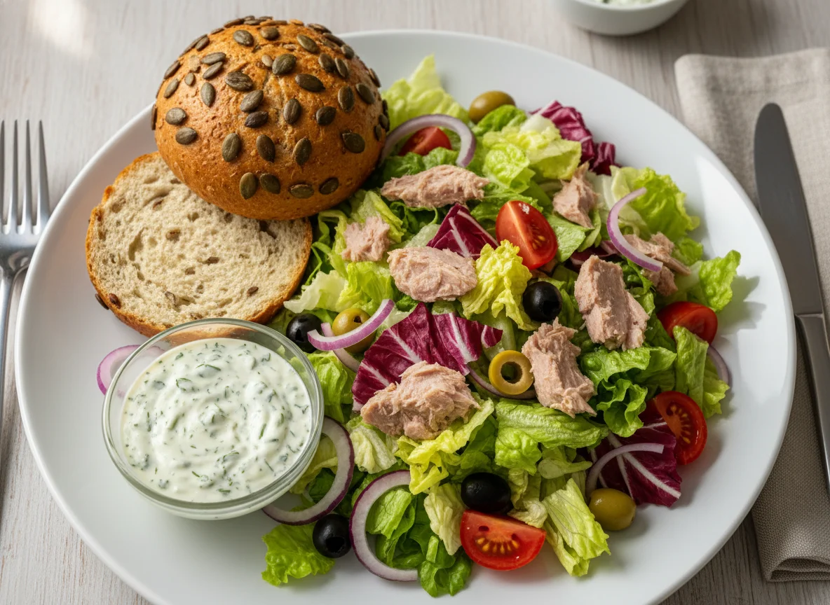 Thunfischsalat mit Brötchen und Dressing photo
