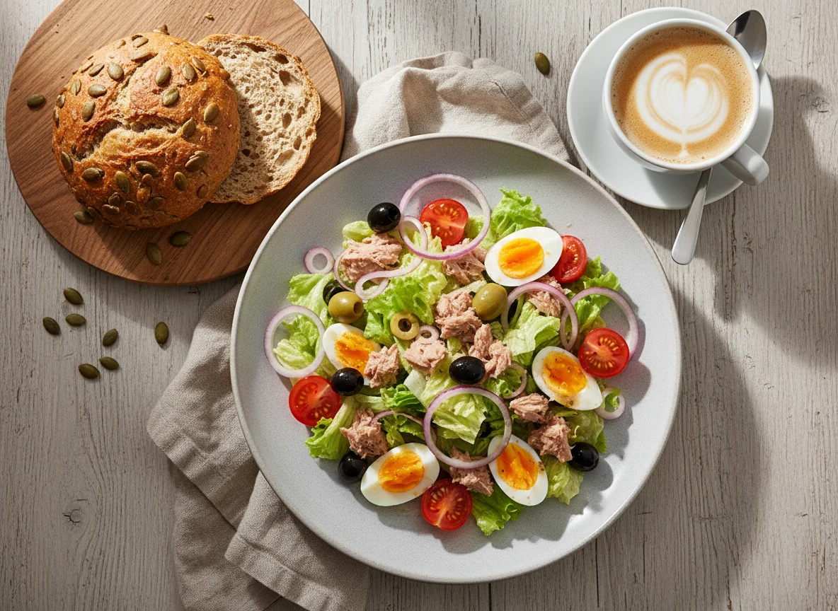 Thunfischsalat mit Brötchen und Kaffee photo