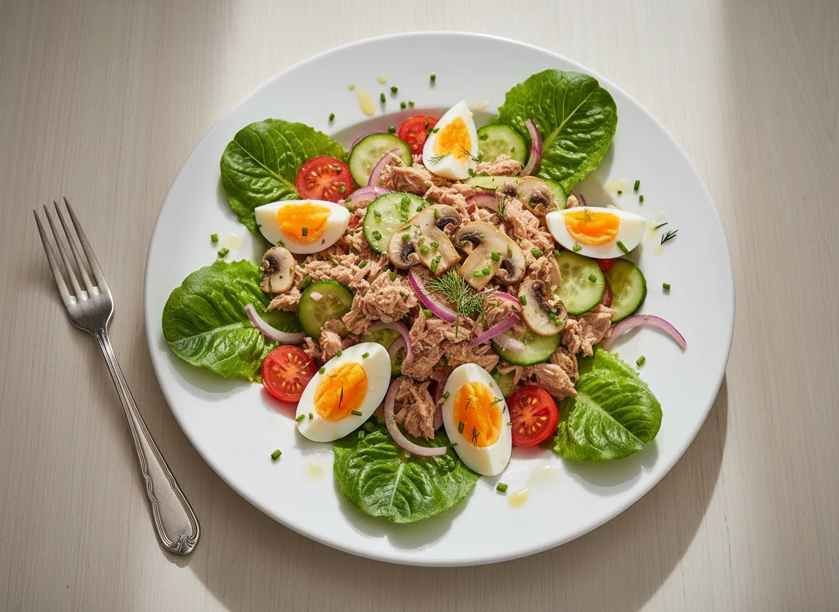 Thunfischsalat mit Ei und Pilzen photo