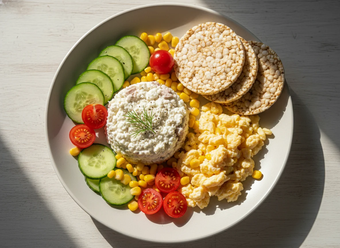 Thunfisch-Salat mit Hüttenkäse und Reiswaffeln photo